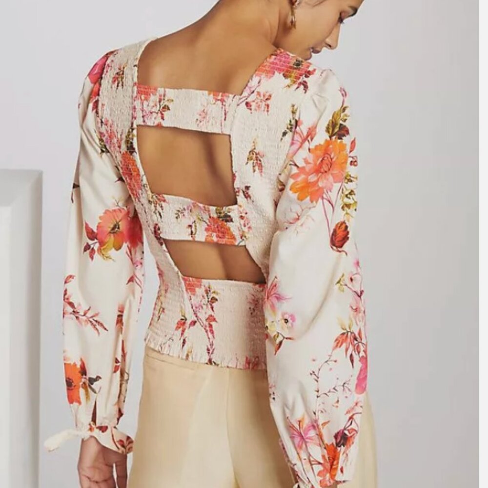 Anthropologie Cream Floral Open-Back Blouse with Pink & Orange Blooms